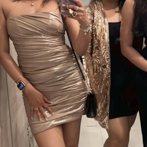 Zara Metallic Strapless Ruched Mini Dress in Champagne